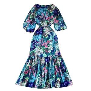 Women Blue Print Vacation Party Dress Round Neck Short Sleeve